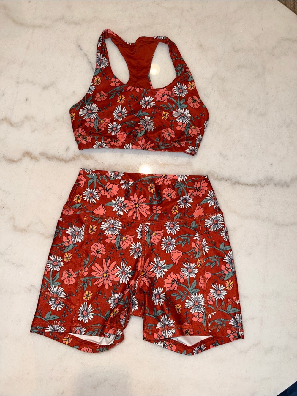 Gilly Hicks Red Floral Racerback Sports Bra and High-Waist Bike Shorts Set